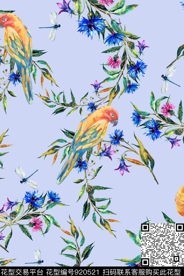 小碎花手绘花卉鹦鹉数码印花华亿平台下载（图片编号: 920521） - 瓦栏（Walan）