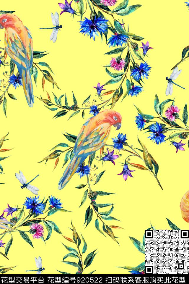 小碎花手绘花卉鹦鹉数码印花华亿平台下载（图片编号: 920522） - 瓦栏（Walan）