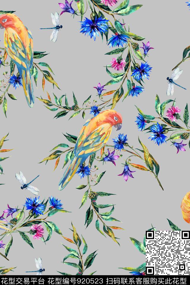 小碎花手绘花卉鹦鹉数码印花华亿平台下载（图片编号: 920523） - 瓦栏（Walan）