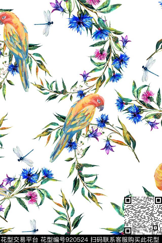 小碎花手绘花卉鹦鹉数码印花华亿平台下载（图片编号: 920524） - 瓦栏（Walan）