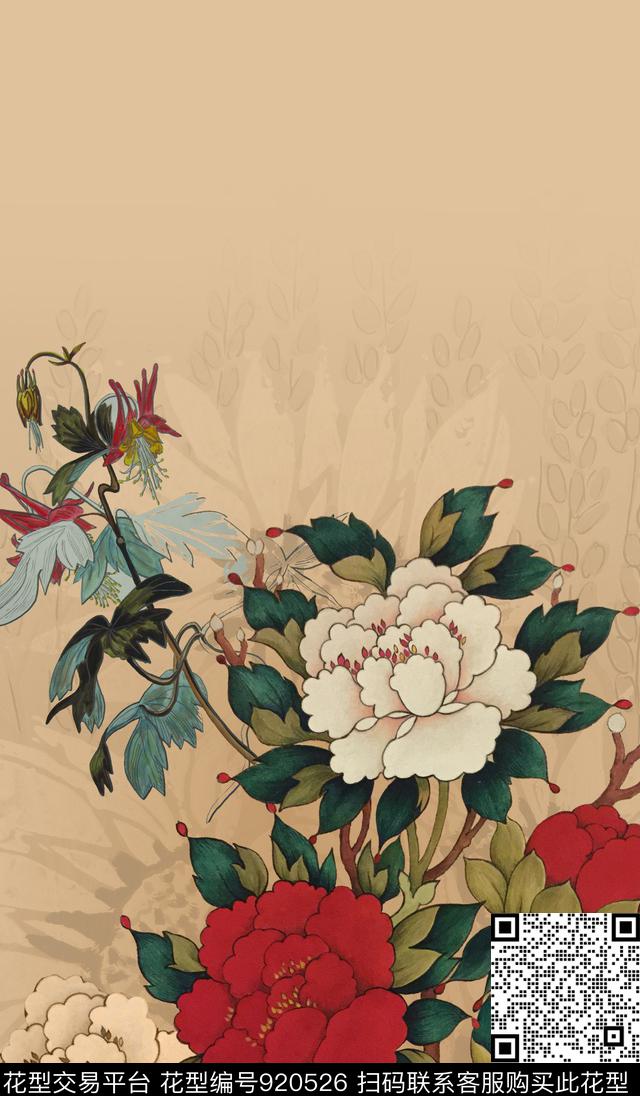 花卉素雅定位花数码印花华亿平台下载（图片编号: 920526） - 瓦栏（Walan）