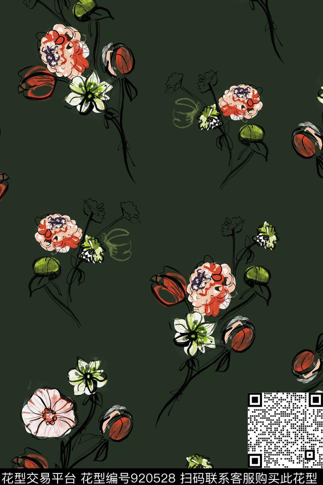 黑底花卉小碎花满版散花数码印花华亿平台下载（图片编号: 920528） - 瓦栏（Walan）