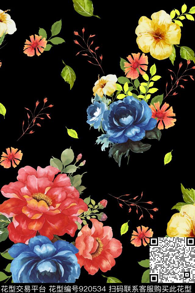 手绘花卉女装欧式定位花传统印花华亿平台下载（图片编号: 920534） - 瓦栏（Walan）