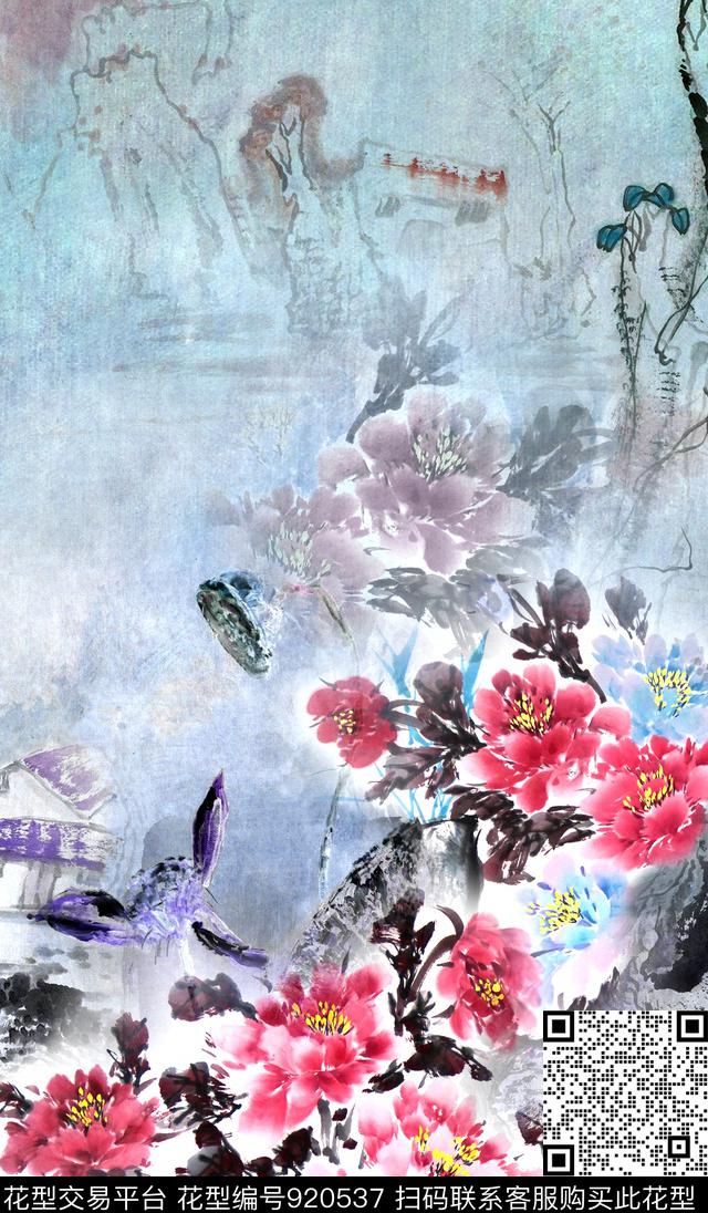 牡丹国画中国风数码印花华亿平台下载（图片编号: 920537） - 瓦栏（Walan）