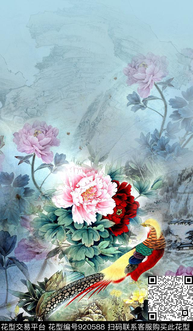 中国风定位花牡丹花鸟数码印花华亿平台下载（图片编号: 920588） - 瓦栏（Walan）
