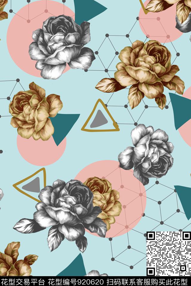 几何趣味手绘玫瑰数码印花华亿平台下载（图片编号: 920620） - 瓦栏（Walan）