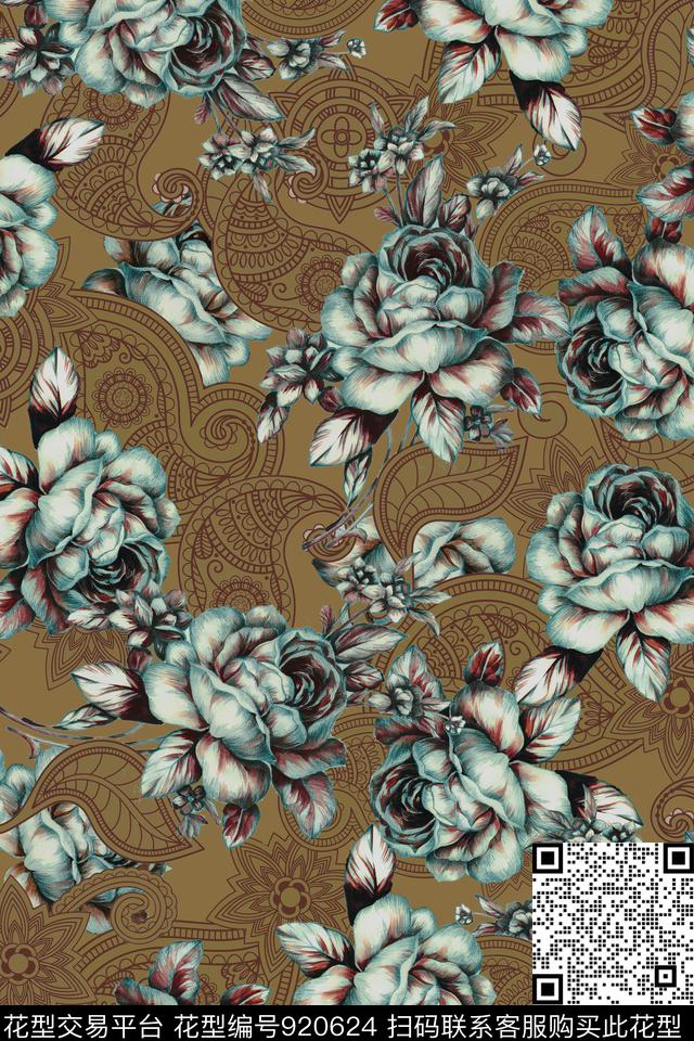 手绘玫瑰彩底花卉佩斯利数码印花华亿平台下载（图片编号: 920624） - 瓦栏（Walan）