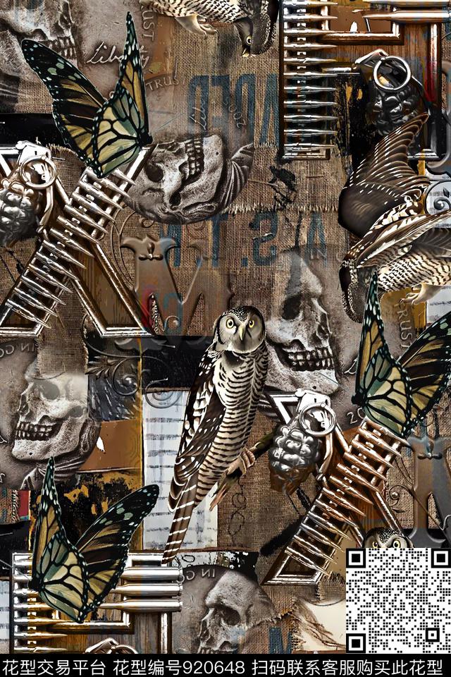 猫头鹰潮牌复古数码印花华亿平台下载（图片编号: 920648） - 瓦栏（Walan）