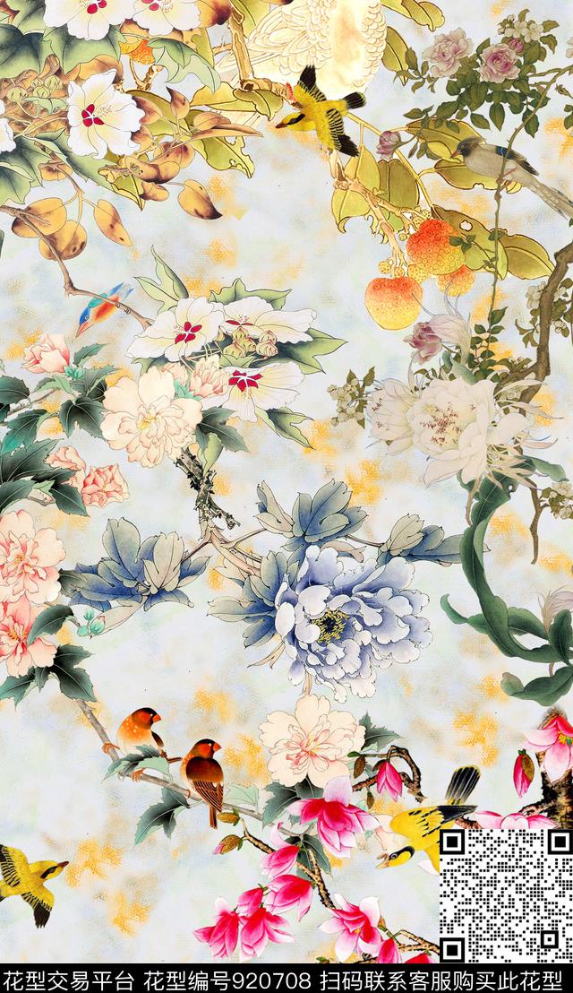 中国风定位花花卉国画数码印花华亿平台下载（图片编号: 920708） - 瓦栏（Walan）