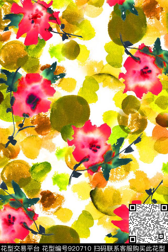 花卉水墨风抽象数码印花华亿平台下载（图片编号: 920710） - 瓦栏（Walan）