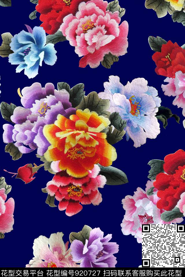 牡丹花卉中国风数码印花华亿平台下载（图片编号: 920727） - 瓦栏（Walan）