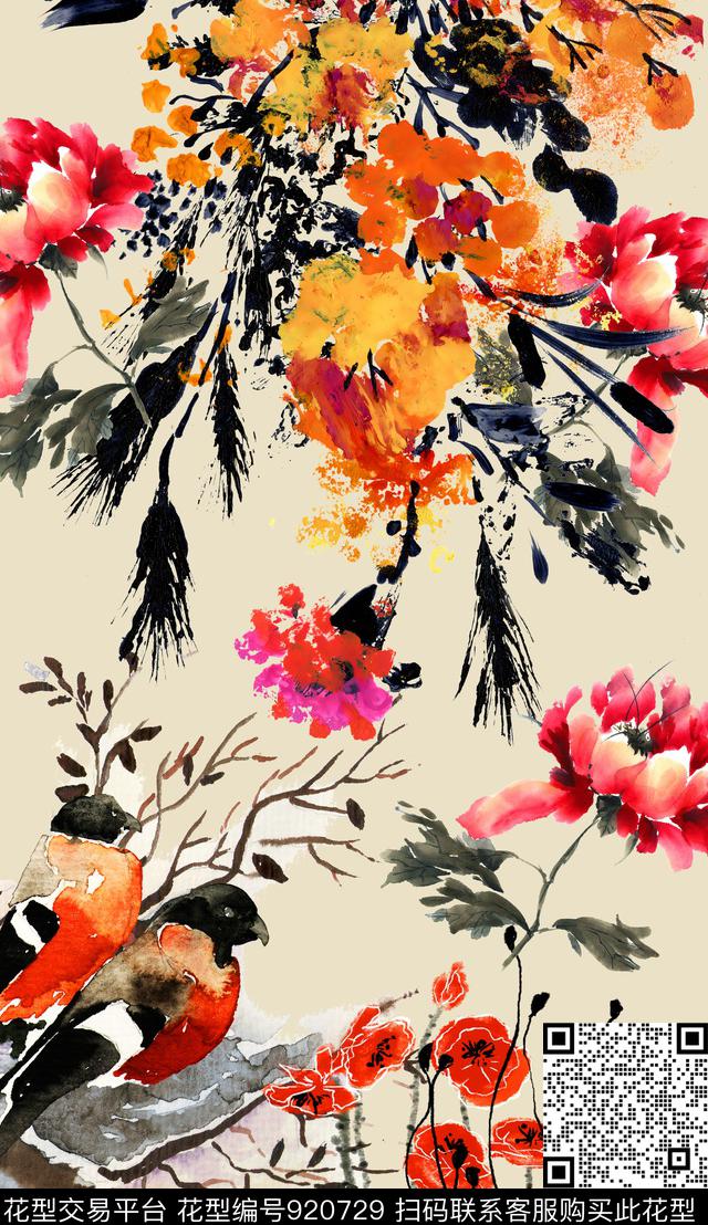 花卉鸟水墨风数码印花华亿平台下载（图片编号: 920729） - 瓦栏（Walan）