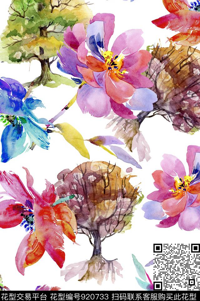 花卉水彩花卉数码印花华亿平台下载（图片编号: 920733） - 瓦栏（Walan）