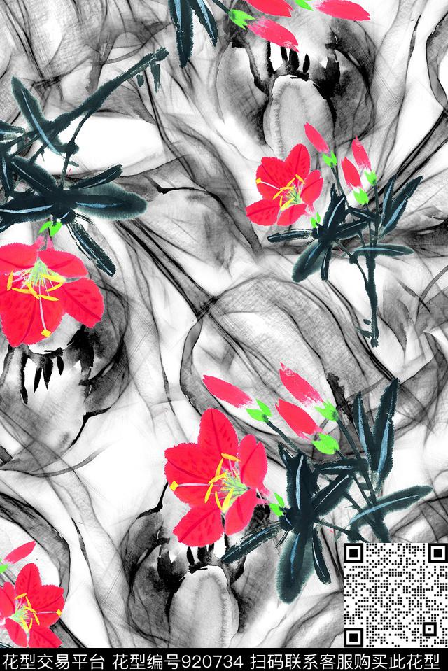 花卉定位花国画数码印花华亿平台下载（图片编号: 920734） - 瓦栏（Walan）
