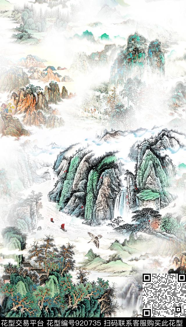 中国风国画风景景观数码印花华亿平台下载（图片编号: 920735） - 瓦栏（Walan）