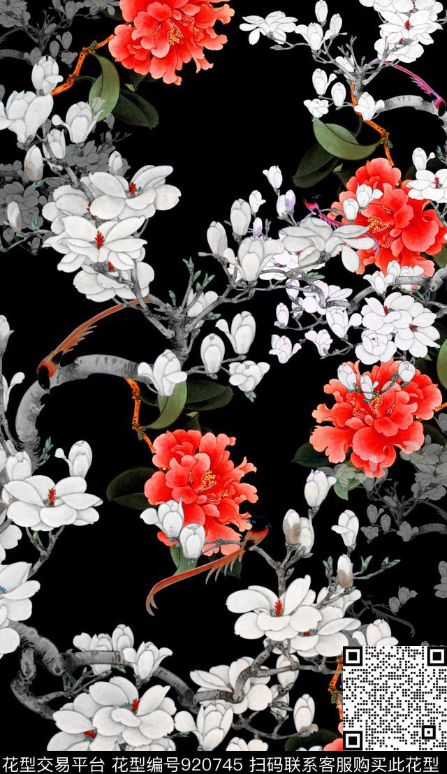 定位花中国风国画数码印花华亿平台下载（图片编号: 920745） - 瓦栏（Walan）