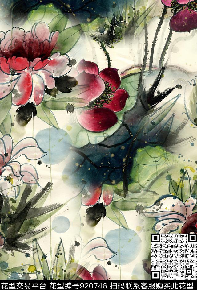 中国风印花手绘抽象荷花女装数码印花华亿平台下载（图片编号: 920746） - 瓦栏（Walan）