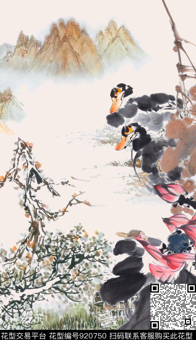 花卉鸟水墨风数码印花华亿平台下载（图片编号: 920750） - 瓦栏（Walan）