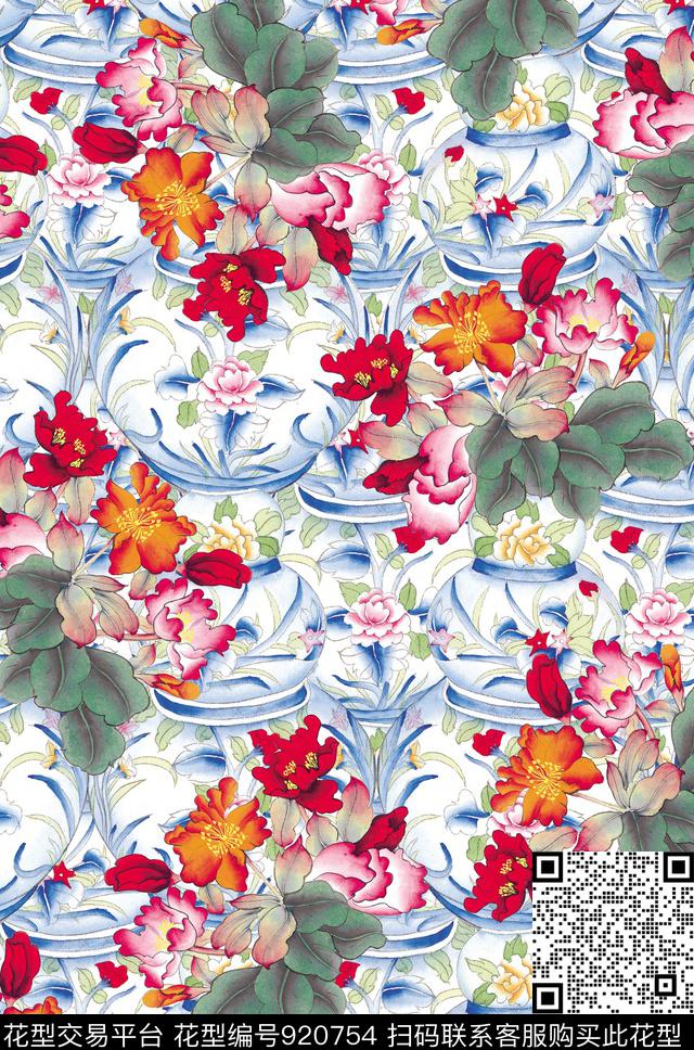 茶花青花瓷国画数码印花华亿平台下载（图片编号: 920754） - 瓦栏（Walan）