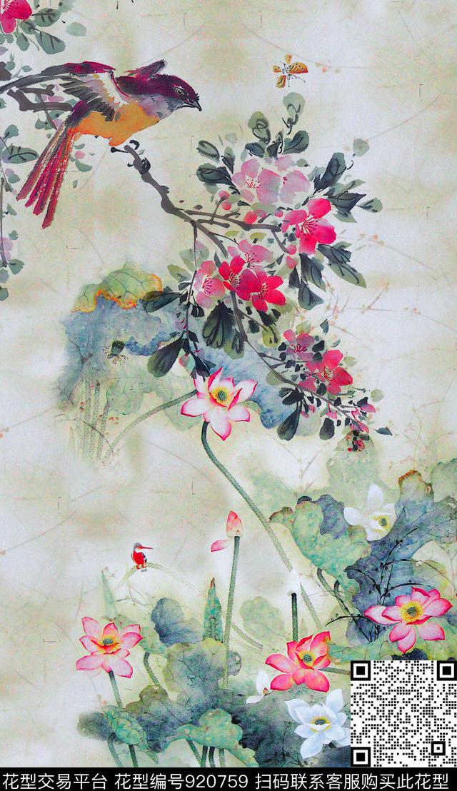 花卉鸟定位花数码印花华亿平台下载（图片编号: 920759） - 瓦栏（Walan）