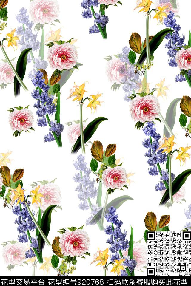 手绘花卉女装植物数码印花华亿平台下载（图片编号: 920768） - 瓦栏（Walan）