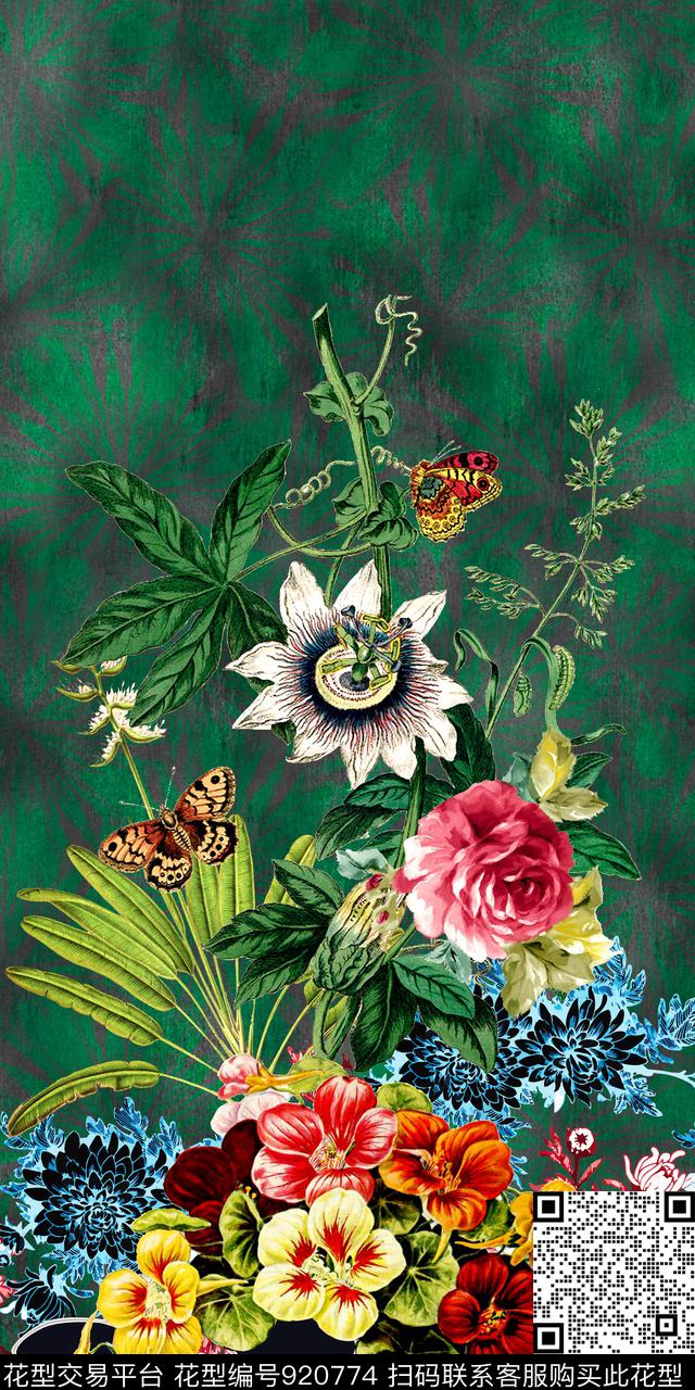 花卉年轻女性手绘花卉数码印花华亿平台下载（图片编号: 920774） - 瓦栏（Walan）