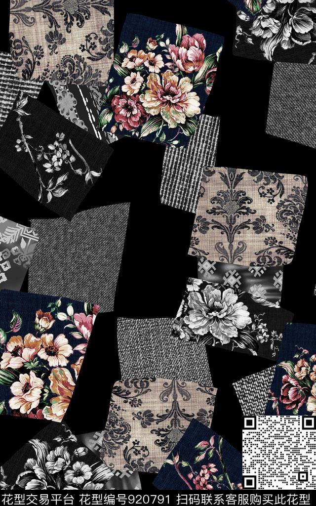 几何手绘花卉传统纹样数码印花华亿平台下载（图片编号: 920791） - 瓦栏（Walan）