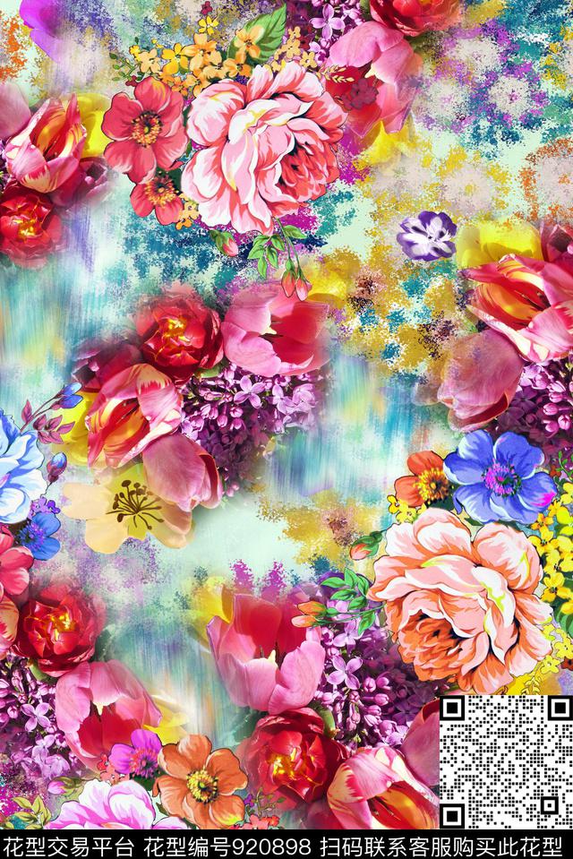 花卉彩底花卉手绘花卉数码印花华亿平台下载（图片编号: 920898） - 瓦栏（Walan）