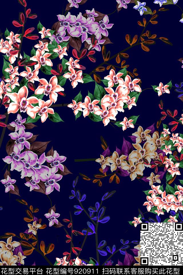 花卉小碎花黑底花卉数码印花华亿平台下载（图片编号: 920911） - 瓦栏（Walan）