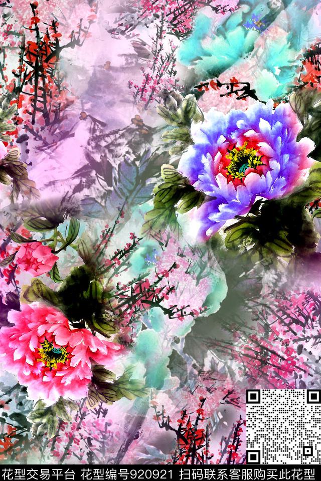牡丹花卉中国风数码印花华亿平台下载（图片编号: 920921） - 瓦栏（Walan）