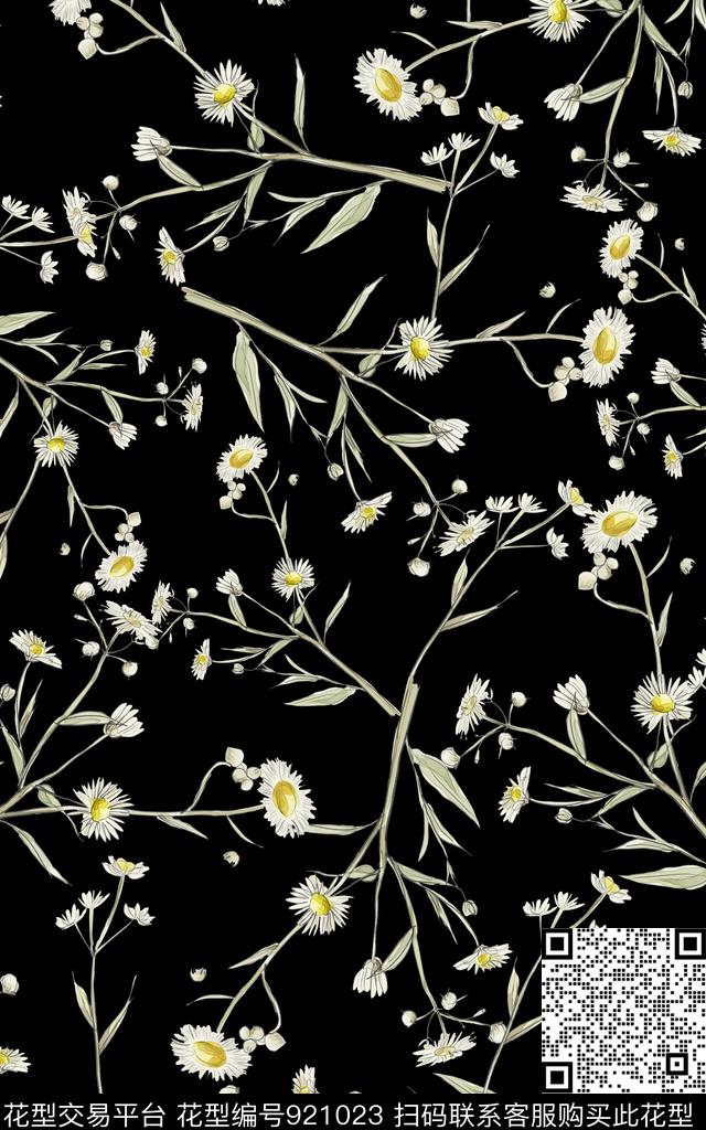 黑底花卉满版散花花卉数码印花华亿平台下载（图片编号: 921023） - 瓦栏（Walan）