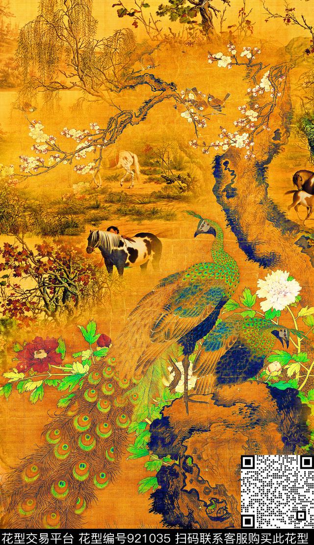 孔雀中国风数码印花华亿平台下载（图片编号: 921035） - 瓦栏（Walan）