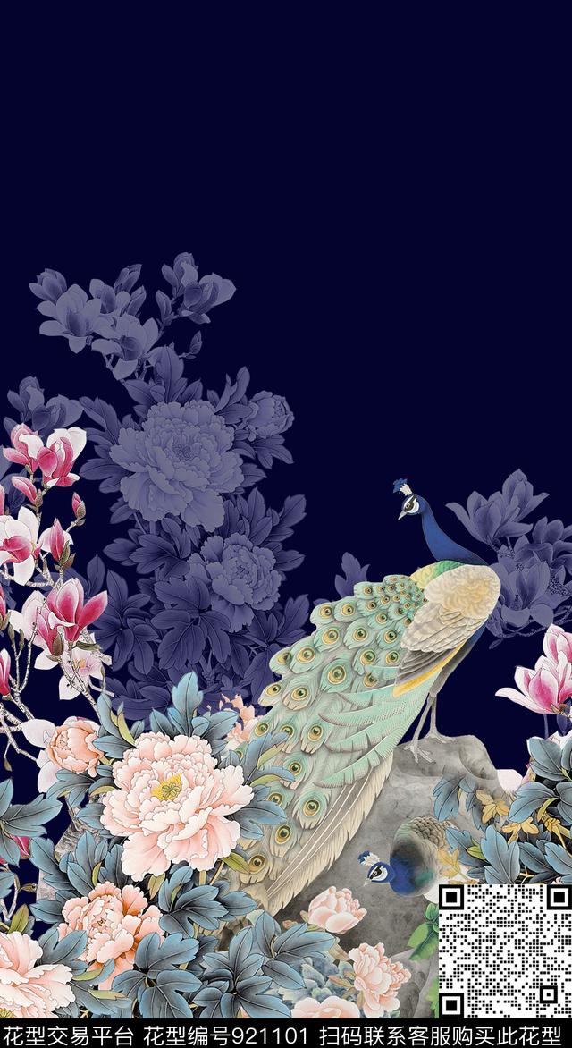 玉兰花牡丹中国风定位花数码印花华亿平台下载（图片编号: 921101） - 瓦栏（Walan）