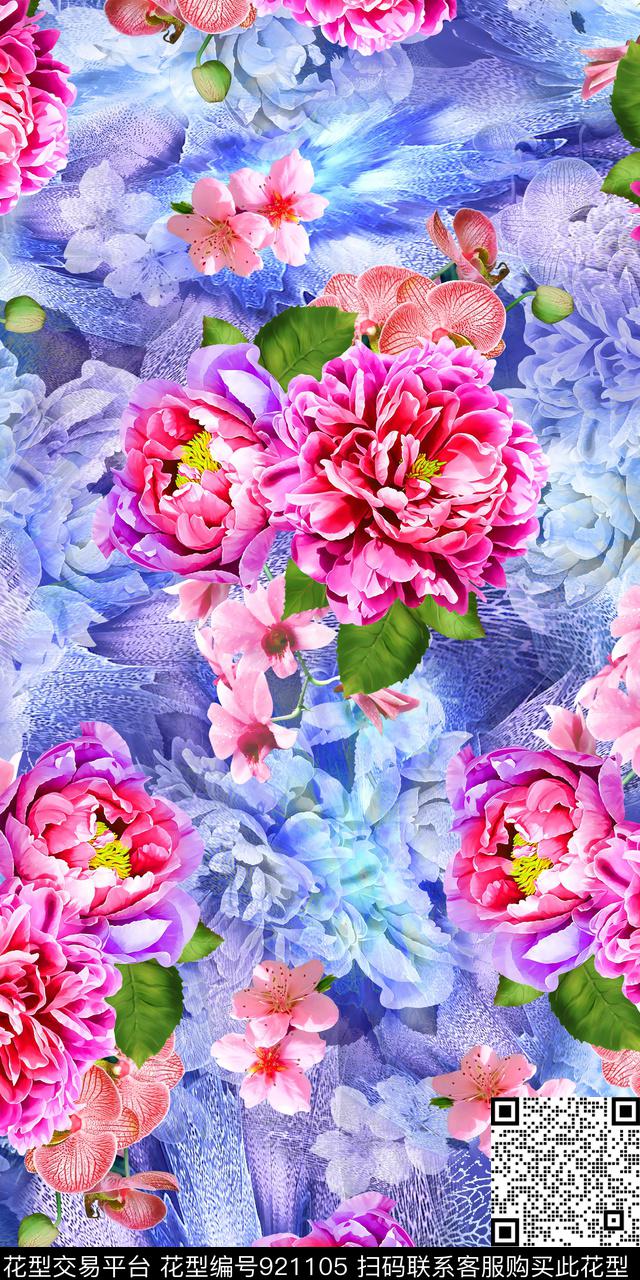大花手绘花卉抽象数码印花华亿平台下载（图片编号: 921105） - 瓦栏（Walan）