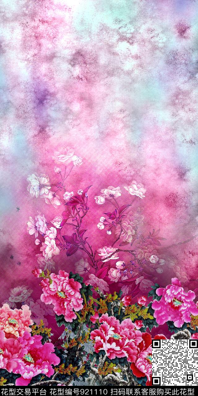 牡丹花卉中国风数码印花华亿平台下载（图片编号: 921110） - 瓦栏（Walan）