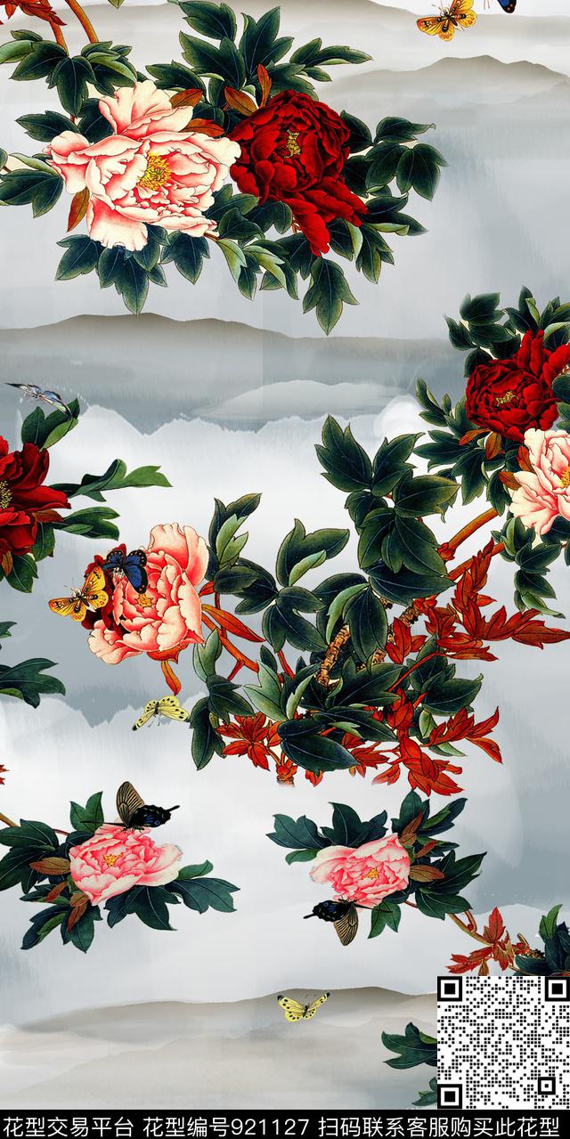 牡丹水墨风中国风数码印花华亿平台下载（图片编号: 921127） - 瓦栏（Walan）