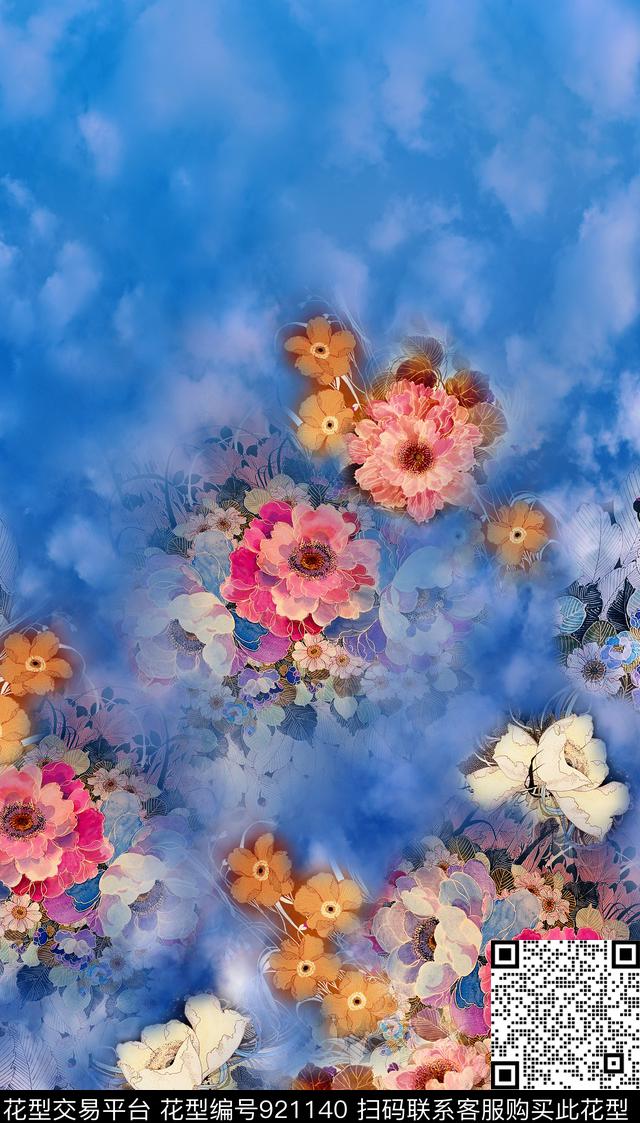 牡丹花卉定位花数码印花华亿平台下载（图片编号: 921140） - 瓦栏（Walan）