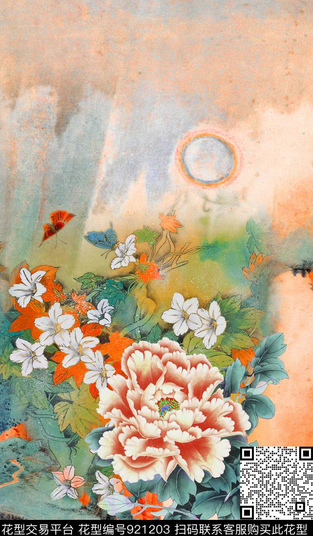 花卉素雅定位花数码印花华亿平台下载（图片编号: 921203） - 瓦栏（Walan）