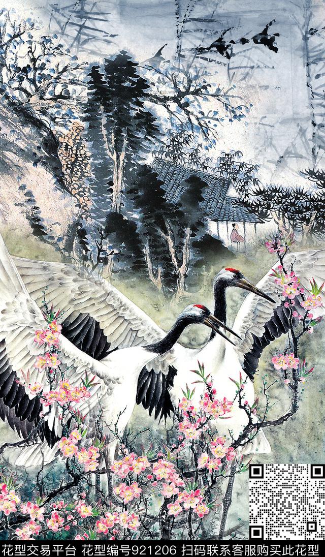 中国风定位花白鹭风景景观数码印花华亿平台下载（图片编号: 921206） - 瓦栏（Walan）