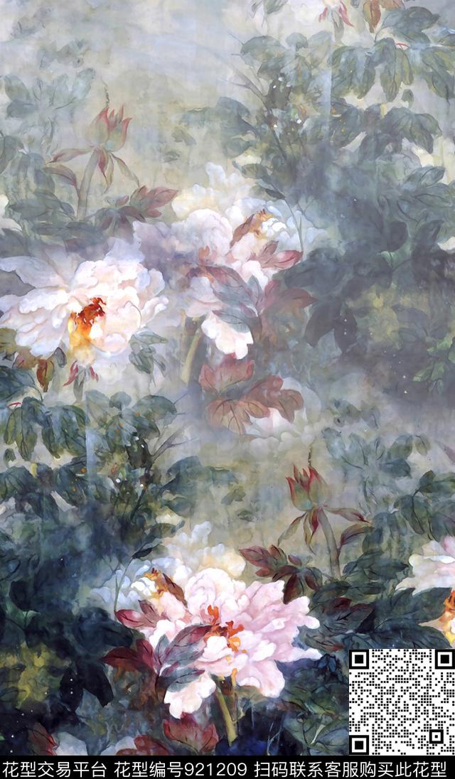 中国风定位花复古国画数码印花华亿平台下载（图片编号: 921209） - 瓦栏（Walan）