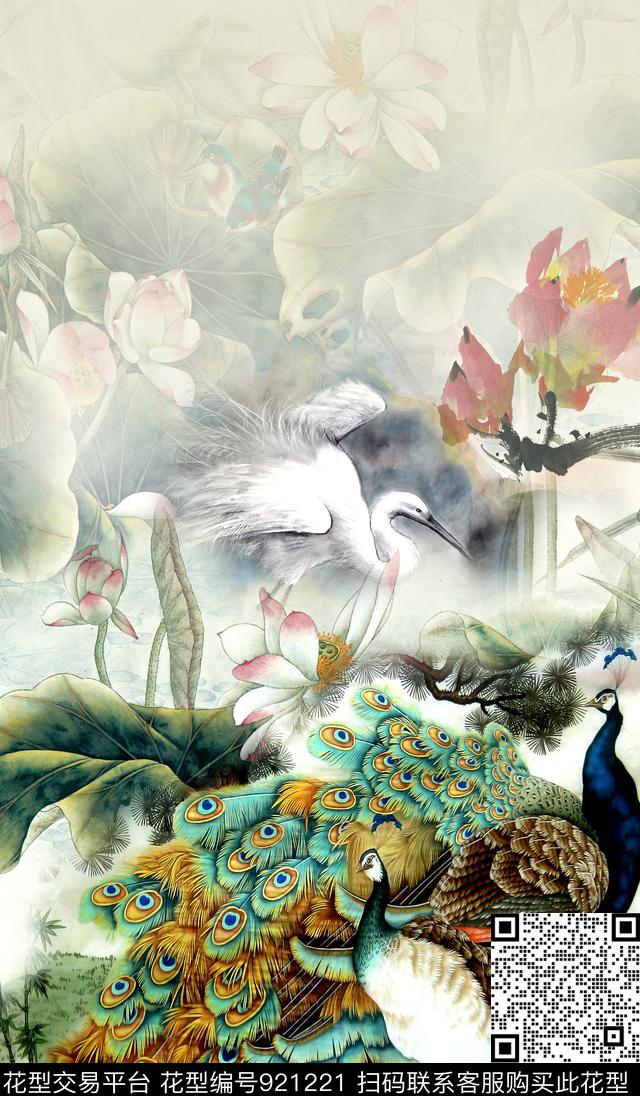 孔雀荷花中国风数码印花华亿平台下载（图片编号: 921221） - 瓦栏（Walan）