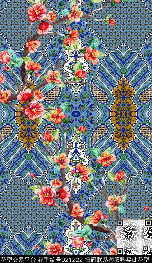定位花花纹民族风数码印花华亿平台下载（图片编号: 921222） - 瓦栏（Walan）