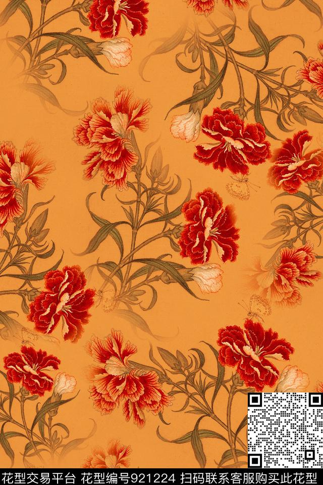 牡丹花卉香云纱数码印花华亿平台下载（图片编号: 921224） - 瓦栏（Walan）