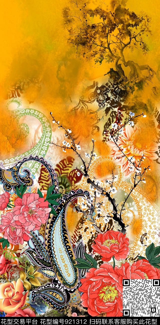 佩斯利纹定位花数码印花华亿平台下载（图片编号: 921312） - 瓦栏（Walan）