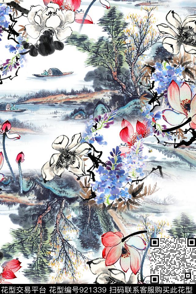 素雅国画中国风数码印花华亿平台下载（图片编号: 921339） - 瓦栏（Walan）