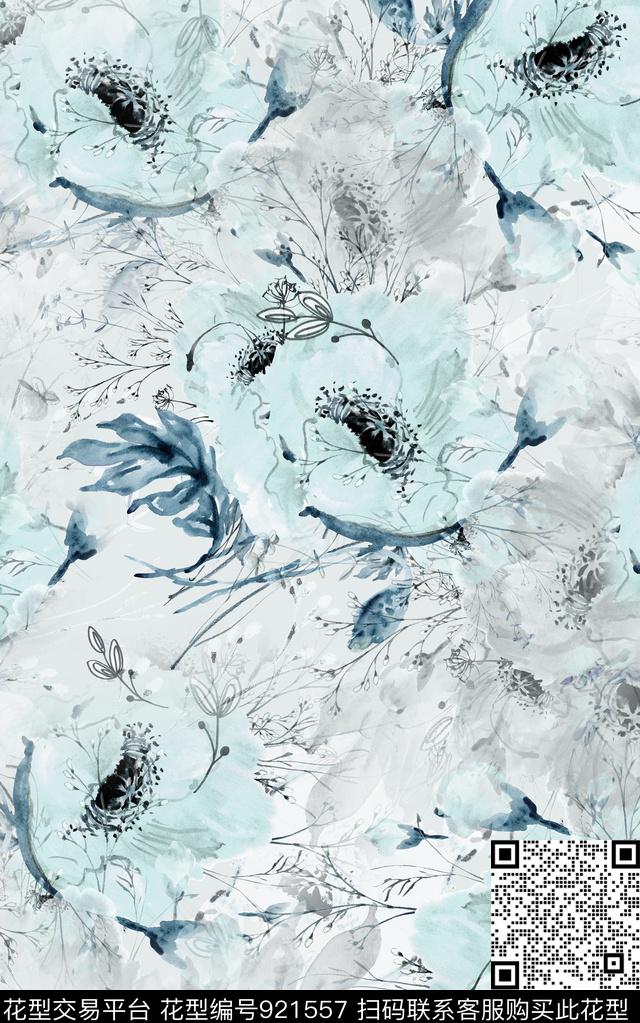 花卉大牌风手绘花卉数码印花华亿平台下载（图片编号: 921557） - 瓦栏（Walan）