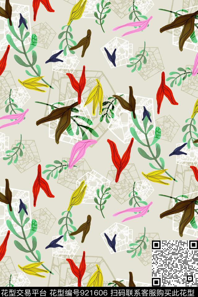 几何线条手绘花卉数码印花华亿平台下载（图片编号: 921606） - 瓦栏（Walan）