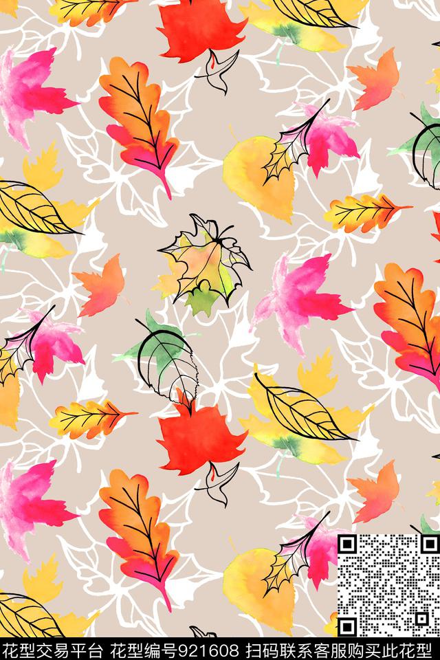 枫叶线条手绘花卉数码印花华亿平台下载（图片编号: 921608） - 瓦栏（Walan）