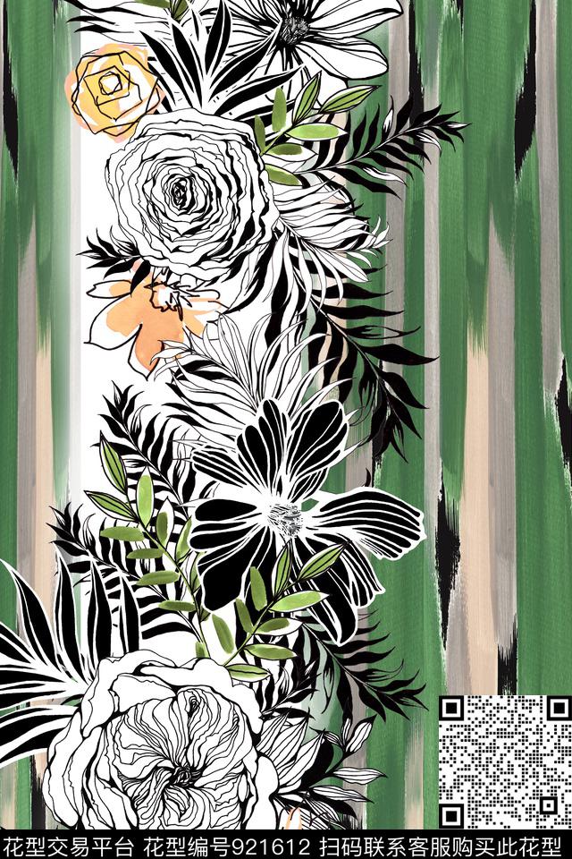 条纹手绘花卉黑白华亿平台数码印花华亿平台下载（图片编号: 921612） - 瓦栏（Walan）