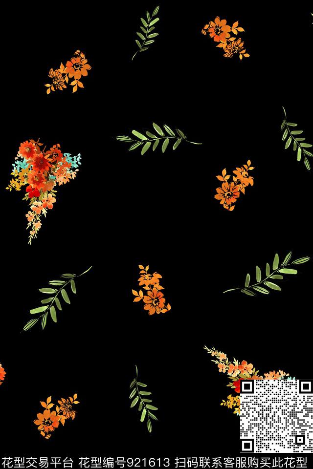 黑底花卉小碎花手绘花卉数码印花华亿平台下载（图片编号: 921613） - 瓦栏（Walan）